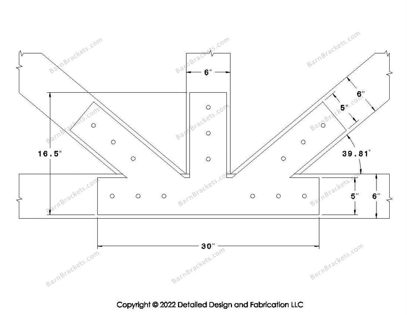 Fan Brackets for 6 inch beams - 5 inch Large offset bottom joint - Square - Centered style holes - BarnBrackets.com