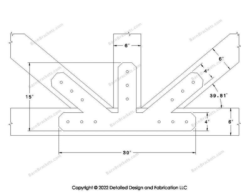 Fan Brackets for 6 inch beams - 4 inch Large offset bottom joint - Chamfered - Centered style holes - BarnBrackets.com