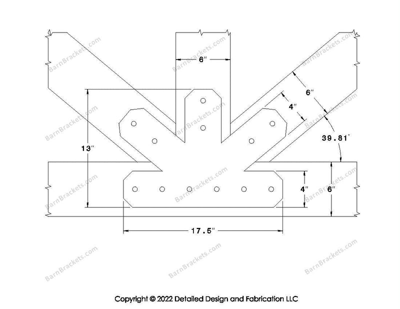 Fan Brackets for 6 inch beams - 4 inch Regular centered joint - Chamfered - Centered style holes - BarnBrackets.com