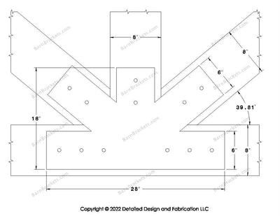 Fan Brackets for 8 inch beams - 6 inch Regular centered joint - Square - Centered style holes - BarnBrackets.com