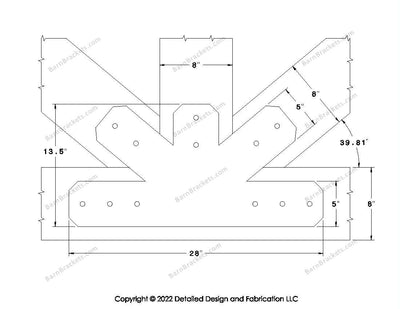 Fan Brackets for 8 inch beams - 5 inch Wide centered joint - Chamfered - Centered style holes - BarnBrackets.com