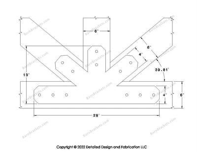 Fan Brackets for 6 inch beams - 4 inch Wide centered joint - Chamfered - Centered style holes - BarnBrackets.com