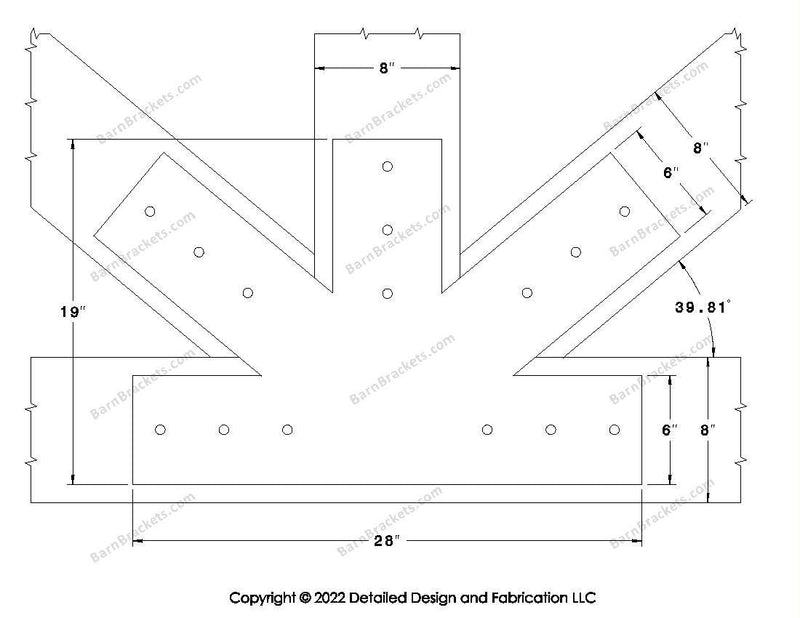 Fan Brackets for 8 inch beams - 6 inch Large centered joint - Square - Centered style holes - BarnBrackets.com