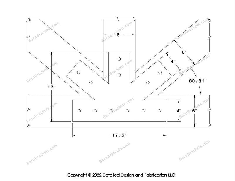 Fan Brackets for 6 inch beams - 4 inch Regular centered joint - Square - Centered style holes - BarnBrackets.com