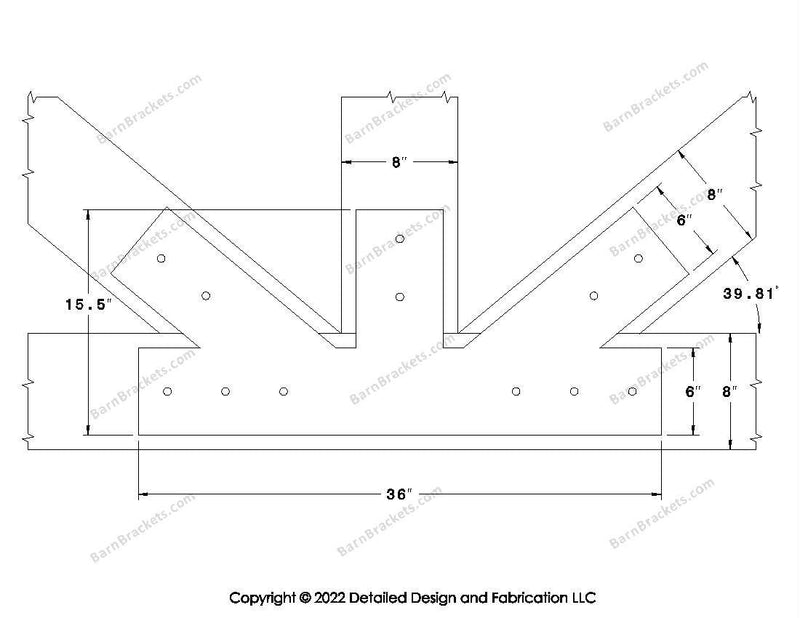 Fan Brackets for 8 inch beams - 6 inch Regular offset bottom joint - Square - Centered style holes - BarnBrackets.com