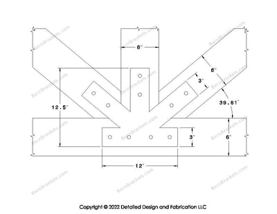 Fan Brackets for 6 inch beams - 3 inch Regular centered joint - Square - Centered style holes - BarnBrackets.com