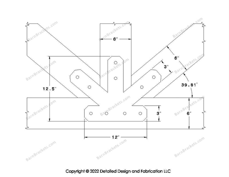 Fan Brackets for 6 inch beams - 3 inch Regular centered joint - Chamfered - Centered style holes - BarnBrackets.com