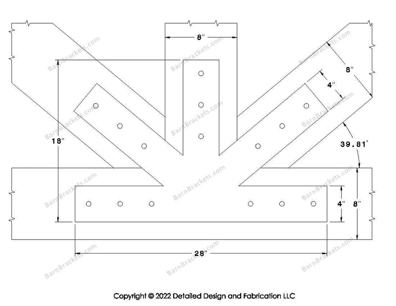 Fan Brackets for 8 inch beams - 4 inch Large centered joint - Square - Centered style holes - BarnBrackets.com