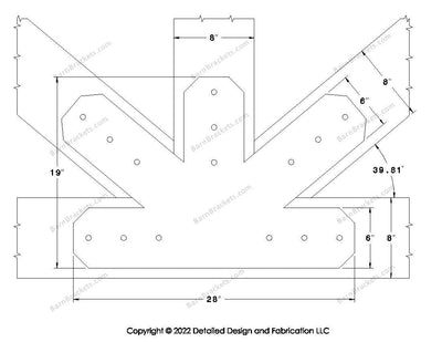 Fan Brackets for 8 inch beams - 6 inch Large centered joint - Chamfered - Centered style holes - BarnBrackets.com