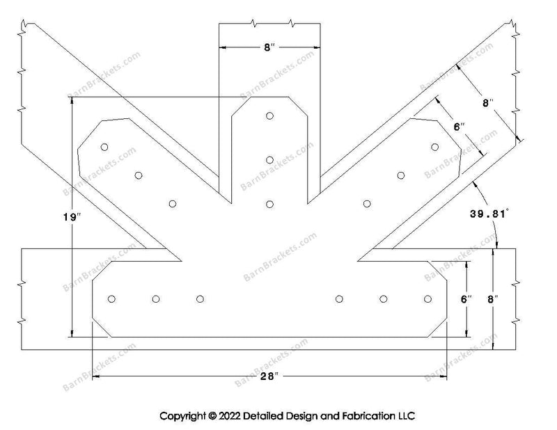 Fan Brackets for 8 inch beams - 6 inch Large centered joint - Chamfered - Centered style holes - BarnBrackets.com