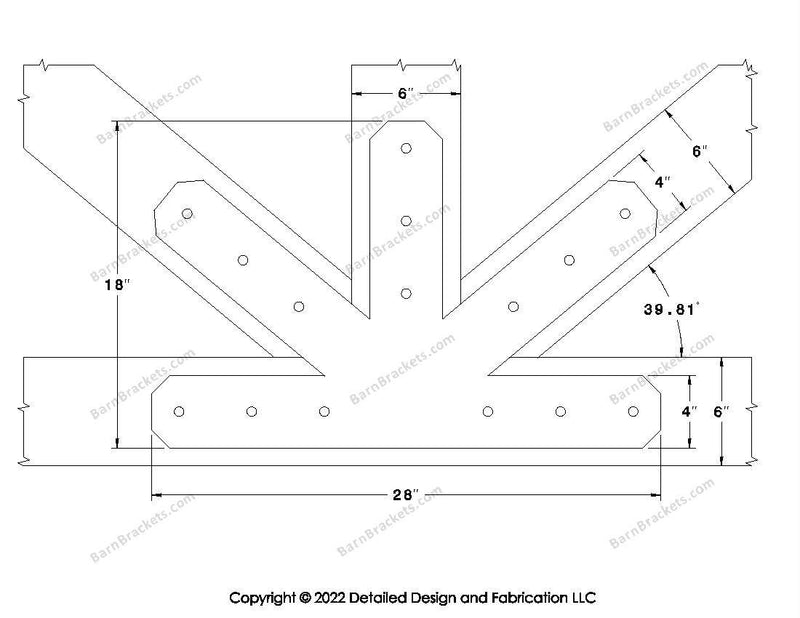 Fan Brackets for 6 inch beams - 4 inch Large centered joint - Chamfered - Centered style holes - BarnBrackets.com