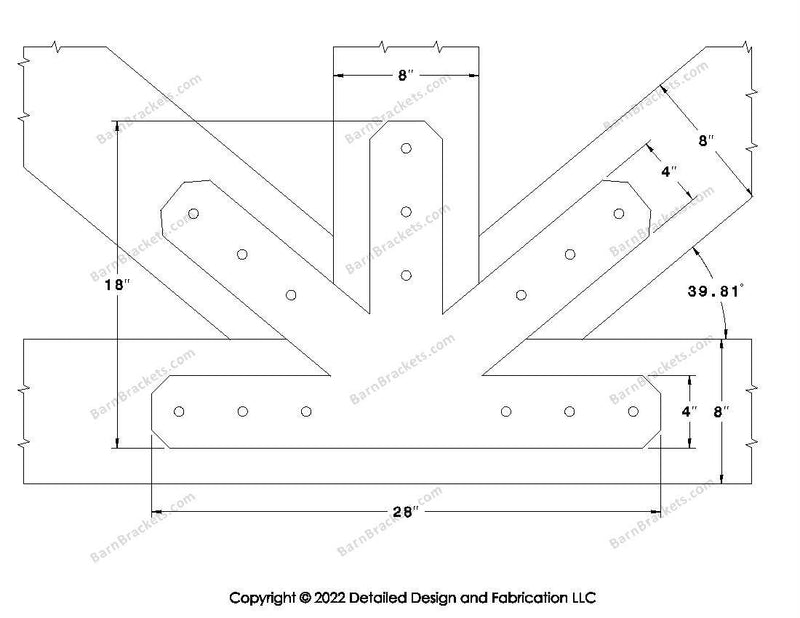 Fan Brackets for 8 inch beams - 4 inch Large centered joint - Chamfered - Centered style holes - BarnBrackets.com