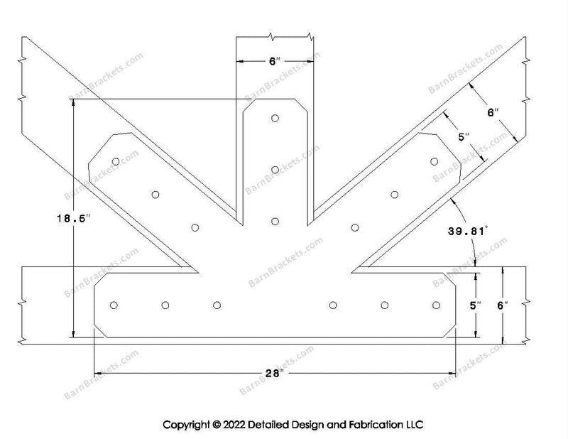 Fan Brackets for 6 inch beams - 5 inch Large centered joint - Chamfered - Centered style holes - BarnBrackets.com