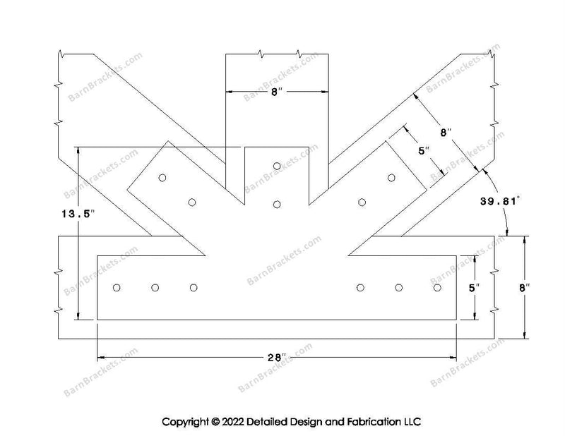 Fan Brackets for 8 inch beams - 5 inch Wide centered joint - Square - Centered style holes - BarnBrackets.com