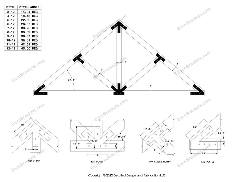 Steel post and beam truss bracket set for a 10/12 pitch roof.