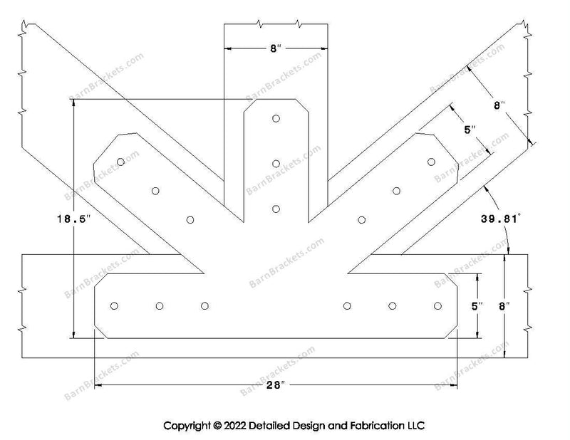 Fan Brackets for 8 inch beams - 5 inch Large centered joint - Chamfered - Centered style holes - BarnBrackets.com