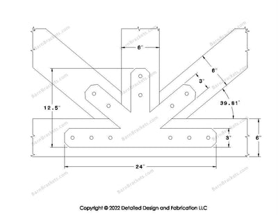 Fan Brackets for 6 inch beams - 3 inch Wide centered joint - Chamfered - Centered style holes - BarnBrackets.com