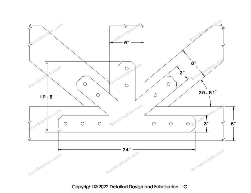 Fan Brackets for 6 inch beams - 3 inch Wide centered joint - Chamfered - Centered style holes - BarnBrackets.com