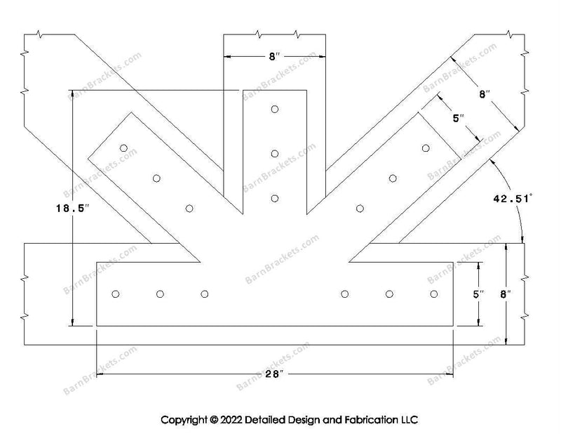 Fan Brackets for 8 inch beams - 5 inch Large centered joint - Square - Centered style holes - BarnBrackets.com