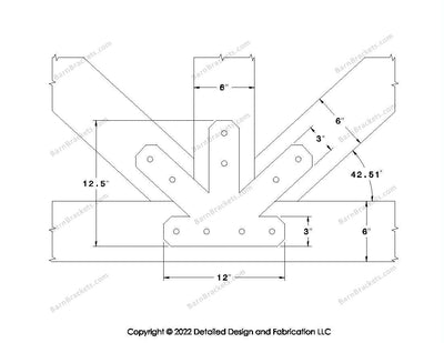 Fan Brackets for 6 inch beams - 3 inch Regular centered joint - Chamfered - Centered style holes - BarnBrackets.com