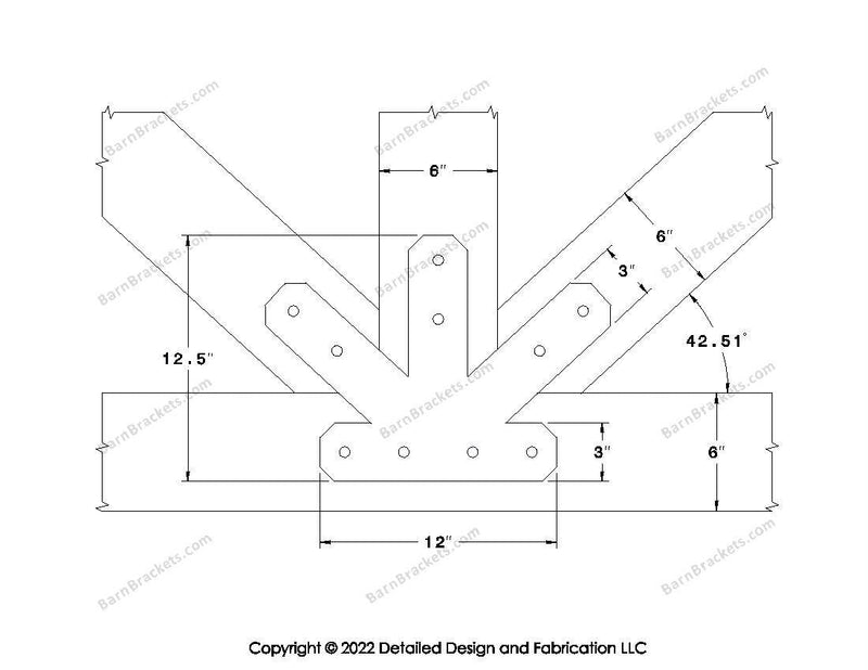 Fan Brackets for 6 inch beams - 3 inch Regular centered joint - Chamfered - Centered style holes - BarnBrackets.com