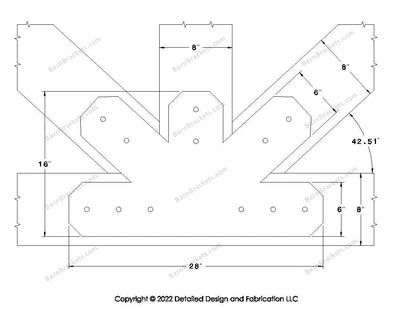 Fan Brackets for 8 inch beams - 6 inch Regular centered joint - Chamfered - Centered style holes - BarnBrackets.com