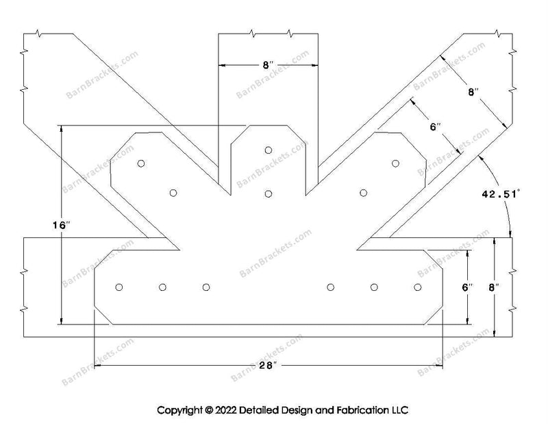 Fan Brackets for 8 inch beams - 6 inch Regular centered joint - Chamfered - Centered style holes - BarnBrackets.com