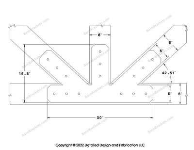 Fan Brackets for 6 inch beams - 5 inch Large offset bottom joint - Chamfered - Centered style holes - BarnBrackets.com