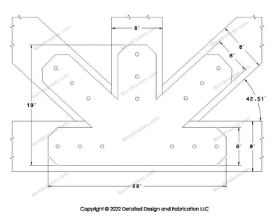 Fan Brackets for 8 inch beams - 6 inch Large centered joint - Chamfered - Centered style holes - BarnBrackets.com