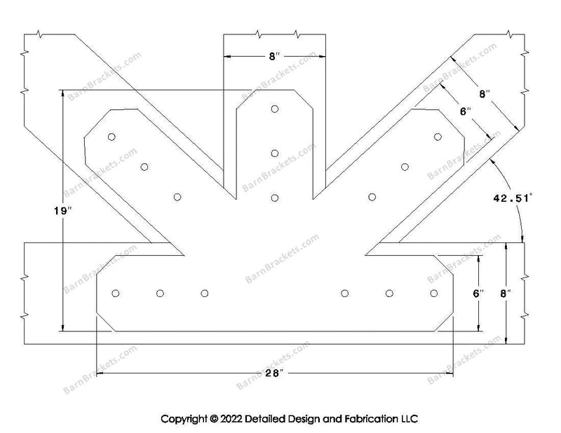 Fan Brackets for 8 inch beams - 6 inch Large centered joint - Chamfered - Centered style holes - BarnBrackets.com