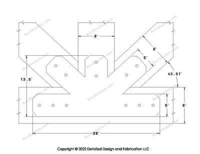 Fan Brackets for 8 inch beams - 5 inch Wide centered joint - Chamfered - Centered style holes - BarnBrackets.com