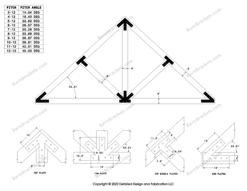 Steel post and beam truss bracket set for a 11/12 pitch roof.