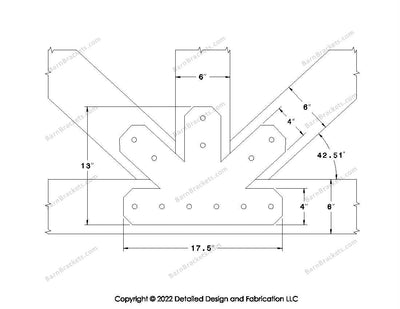 Fan Brackets for 6 inch beams - 4 inch Regular centered joint - Chamfered - Centered style holes - BarnBrackets.com