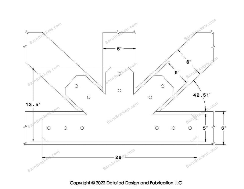 Fan Brackets for 6 inch beams - 5 inch Wide centered joint - Chamfered - Centered style holes - BarnBrackets.com