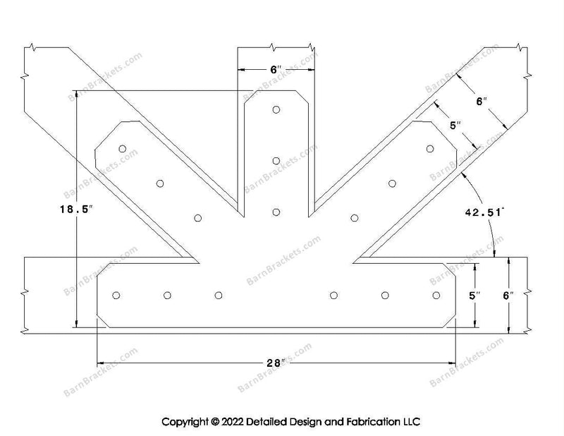 Fan Brackets for 6 inch beams - 5 inch Large centered joint - Chamfered - Centered style holes - BarnBrackets.com