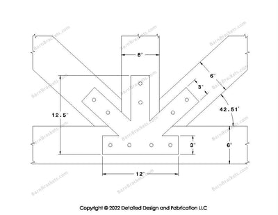 Fan Brackets for 6 inch beams - 3 inch Regular centered joint - Square - Centered style holes - BarnBrackets.com