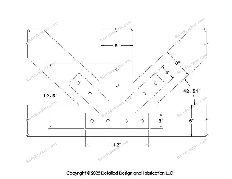 Fan Brackets for 6 inch beams - 3 inch Regular centered joint - Square - Centered style holes - BarnBrackets.com