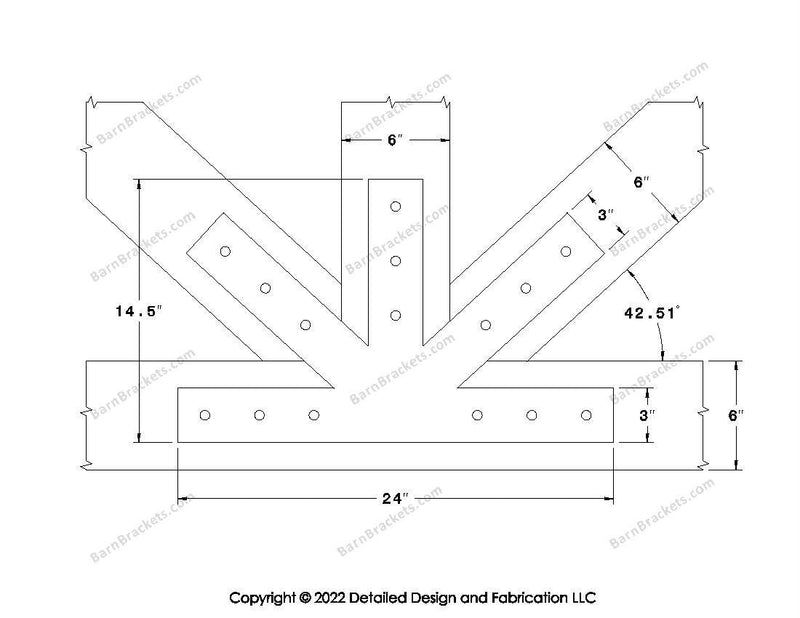 Fan Brackets for 6 inch beams - 3 inch Large centered joint - Square - Centered style holes - BarnBrackets.com