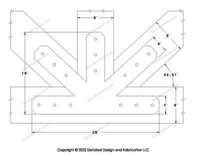 Fan Brackets for 8 inch beams - 4 inch Large centered joint - Chamfered - Centered style holes - BarnBrackets.com