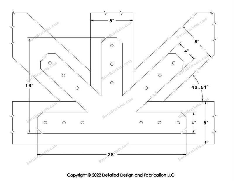 Fan Brackets for 8 inch beams - 4 inch Large centered joint - Chamfered - Centered style holes - BarnBrackets.com