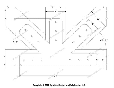 Fan Brackets for 8 inch beams - 5 inch Large centered joint - Chamfered - Centered style holes - BarnBrackets.com