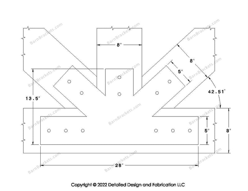 Fan Brackets for 8 inch beams - 5 inch Wide centered joint - Square - Centered style holes - BarnBrackets.com