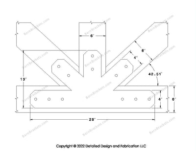 Fan Brackets for 6 inch beams - 4 inch Wide centered joint - Chamfered - Centered style holes - BarnBrackets.com