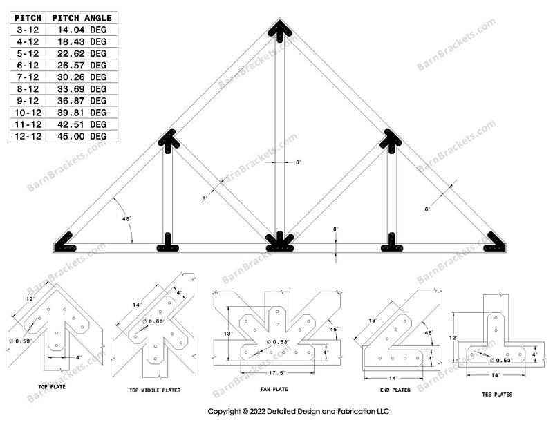 Howe style timber brackets for 12-12 pitch roof