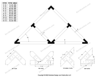 4 inch V style timber truss bracket set  for a 12-12 pitch roof with square corners.