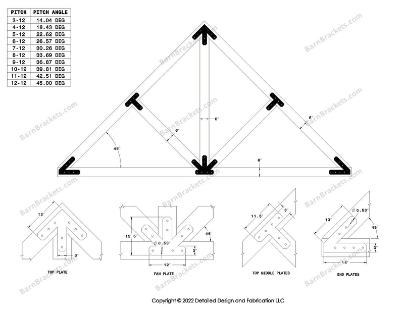 Steel timber truss bracket set for a 12/12 pitched roof