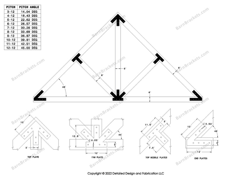 Steel post and beam truss bracket set for a 12/12 pitch roof.