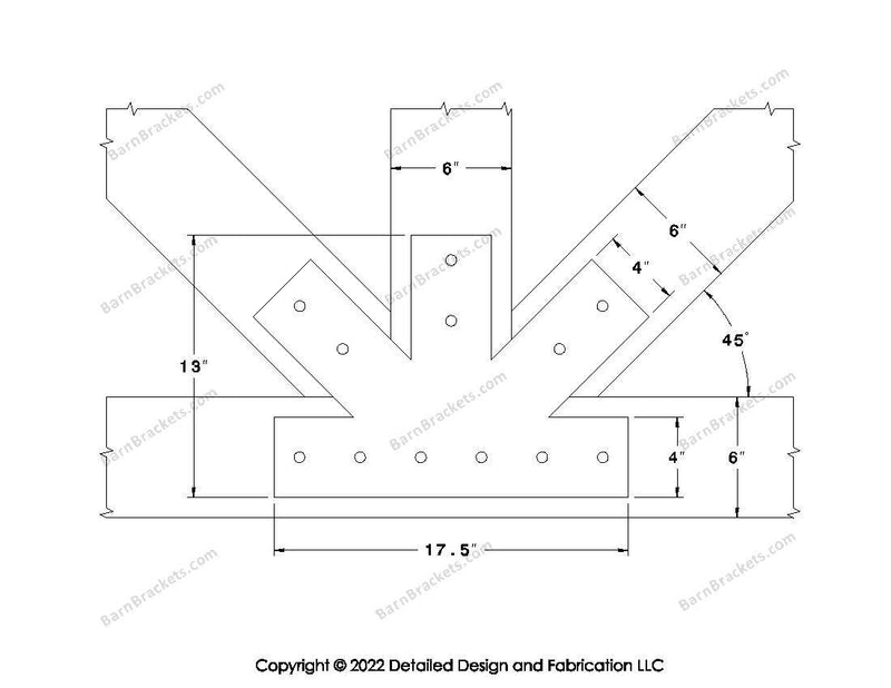 Fan Brackets for 6 inch beams - 4 inch Regular centered joint - Square - Centered style holes - BarnBrackets.com