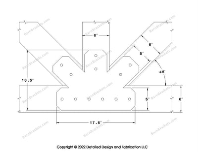 Fan Brackets for 6 inch beams - 5 inch Regular centered joint - Chamfered - Centered style holes - BarnBrackets.com