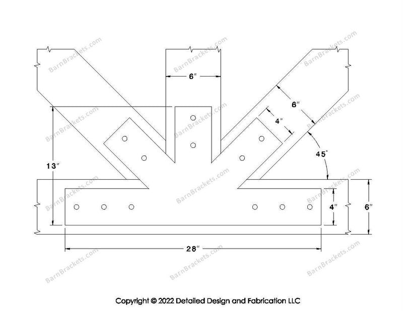 Fan Brackets for 6 inch beams - 4 inch Wide centered joint - Square - Centered style holes - BarnBrackets.com